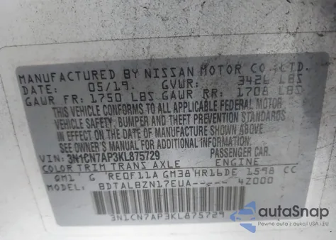 2019 Nissan Versa 1.6 Sv from USA, damaged, VIN 3N1CN7AP3KL875729